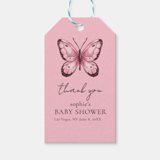 Pink Butterfly Baby Shower Cadeaulabel (Voorkant)