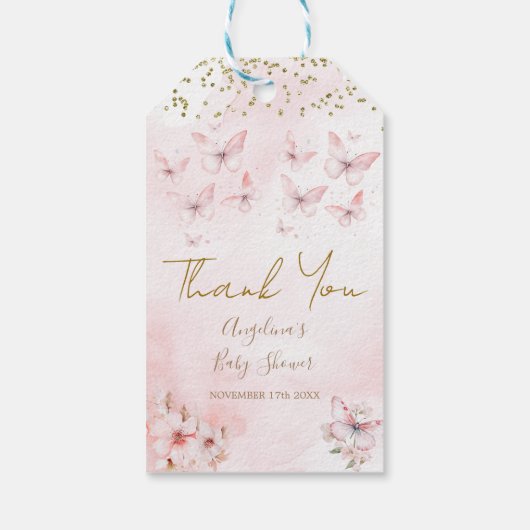 Pink Butterfly Baby shower Dank u voor uw steun Cadeaulabel (Achterkant)