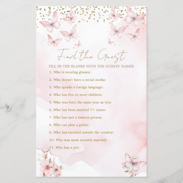 Pink Butterfly Baby shower Girl Zoek de gast (Voorkant)