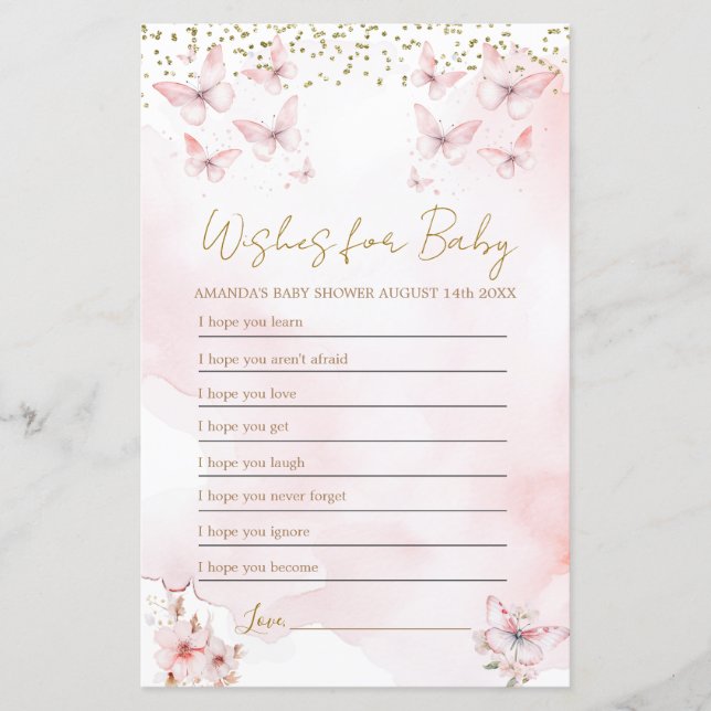 Pink Butterfly Baby shower Wensen voor Baby Game (Voorkant)
