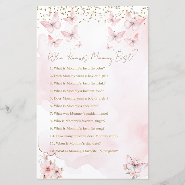 Pink Butterfly Baby shower Wie kent mama het beste (Voorkant)