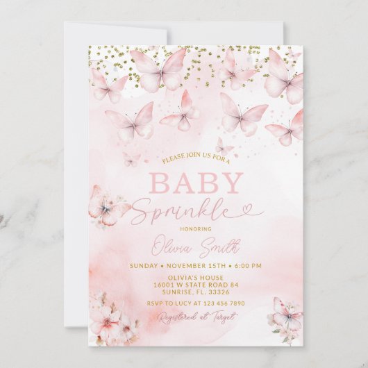 Pink Butterfly Baby Sprinkle Girl Invitation  Kaart (Voorkant)