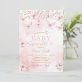 Pink Butterfly Baby Sprinkle Girl Invitation  Kaart (Staand voorkant)