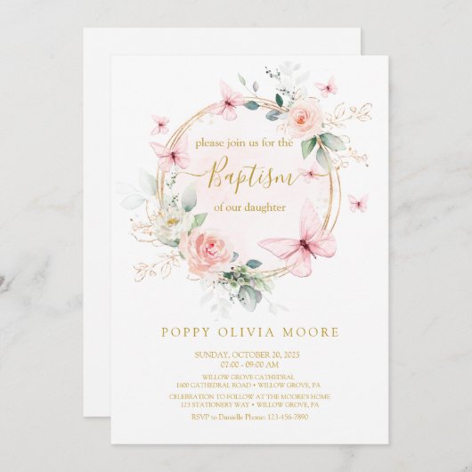 Pink Butterfly Baptism uitnodiging (Voorkant / Achterkant)