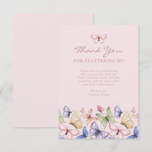 Pink Butterfly Birthday Bedankkaart (Voorkant / Achterkant)