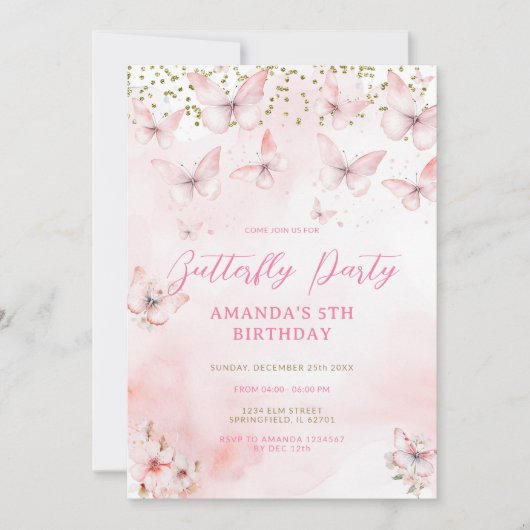 Pink Butterfly Birthday Girl Invitation  Kaart (Voorkant)