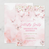 Pink Butterfly Birthday Girl Invitation  Kaart (Voorkant / Achterkant)