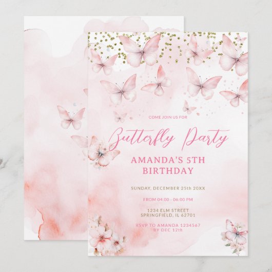 Pink Butterfly Birthday Girl Invitation  Kaart (Voorkant / Achterkant)