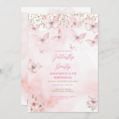 Pink Butterfly Birthday Girl Invitation  Kaart (Voorkant / Achterkant)