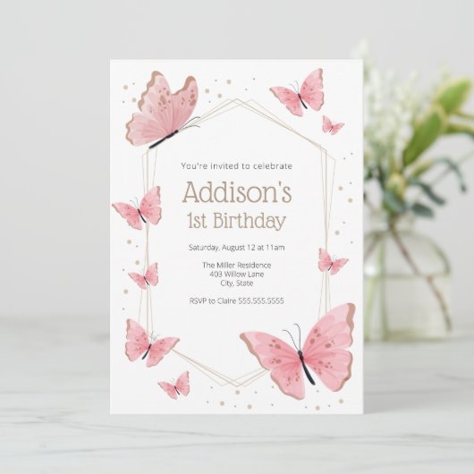 Pink Butterfly Birthday Kaart (Staand voorkant)