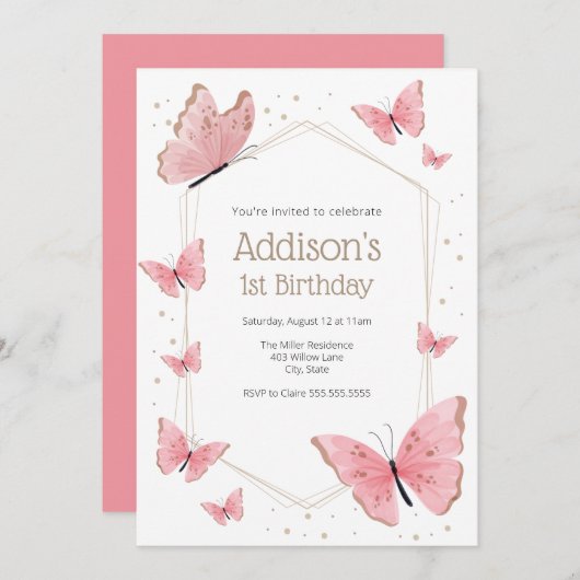 Pink Butterfly Birthday Kaart (Voorkant / Achterkant)