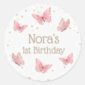 Pink Butterfly Birthday Ronde Sticker (Voorkant)