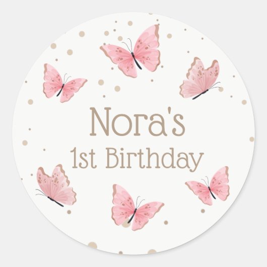 Pink Butterfly Birthday Ronde Sticker (Voorkant)