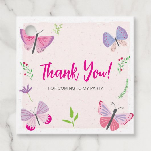 Pink Butterfly Birthday Thank You Tag Bedankjes Labels (Voorkant)