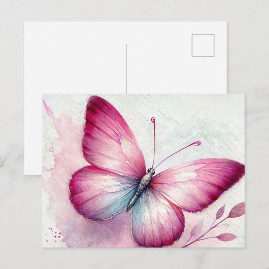 Pink Butterfly Botanical Watercolor Briefkaart (Voorkant / Achterkant)