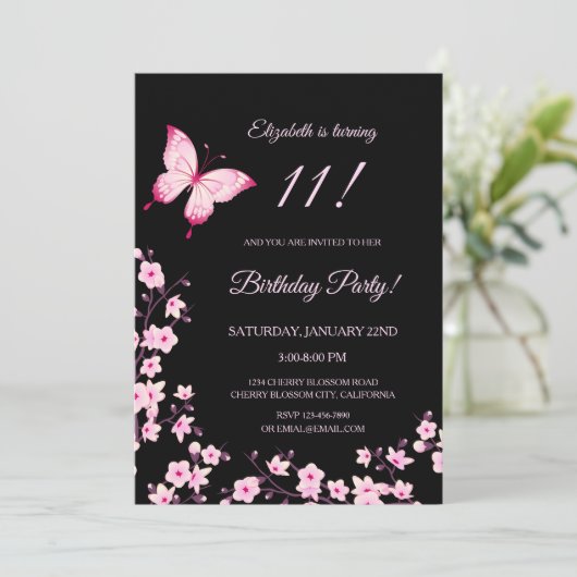 Pink Butterfly Cherry Blossom Black  Kaart (Staand voorkant)