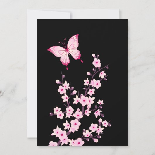 Pink Butterfly Cherry Blossom Black Kaart (Achterkant)