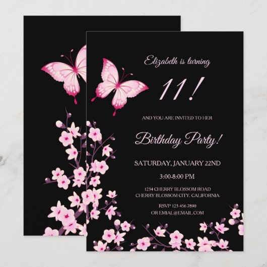 Pink Butterfly Cherry Blossom Black  Kaart (Voorkant / Achterkant)