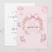 Pink Butterfly Eerste Verjaardag Uitnodiging voor  (Voorkant / Achterkant)