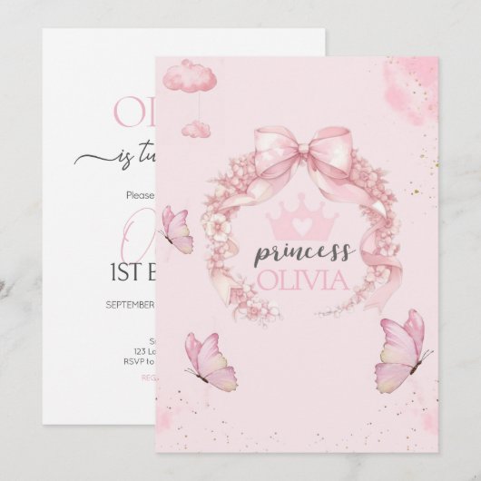 Pink Butterfly Eerste Verjaardag Uitnodiging voor  (Voorkant / Achterkant)