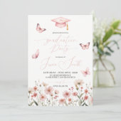 Pink Butterfly Floral Graduation Invitation Kaart (Staand voorkant)