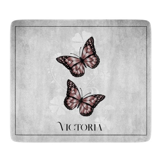 Pink Butterfly Floral Personalized Cutting Board Snijplank (Voorkant)