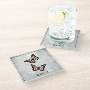 Pink Butterfly Floral Personalized Glass Onderzett Glazen Onderzetter
