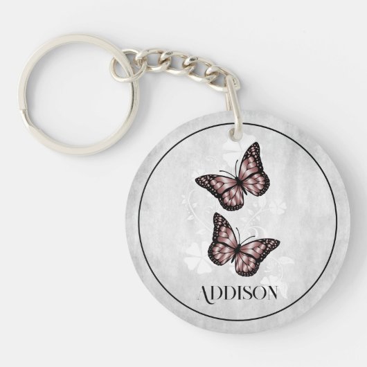 Pink Butterfly Floral Personalized Sleutelhanger (Voorkant)