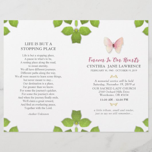 Pink Butterfly Funeral Memorial Service Programme (Voorkant)