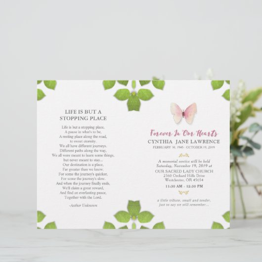 Pink Butterfly Funeral Memorial Service Programme (Staand voorkant)