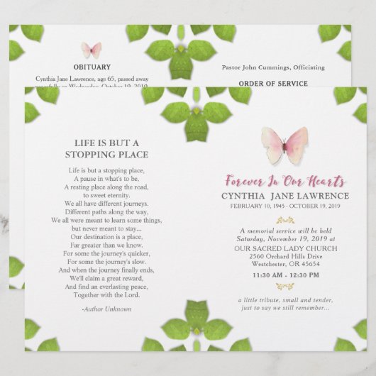 Pink Butterfly Funeral Memorial Service Programme (Voorkant / Achterkant)