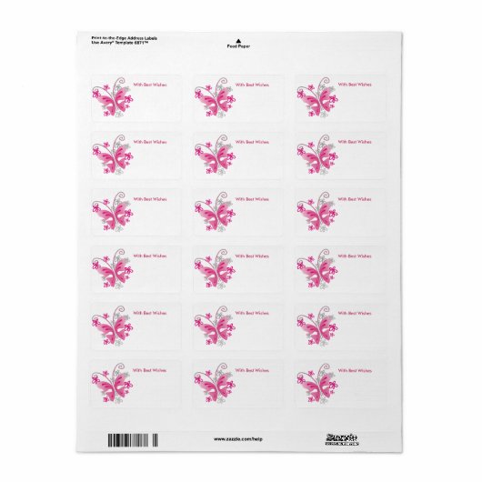 Pink Butterfly Gift Labels - Beste wensen (Full Sheet)