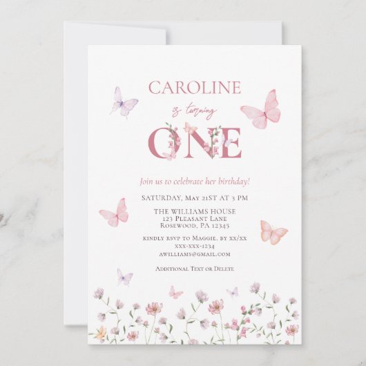 Pink Butterfly Girl eerste verjaardag Kaart (Voorkant)