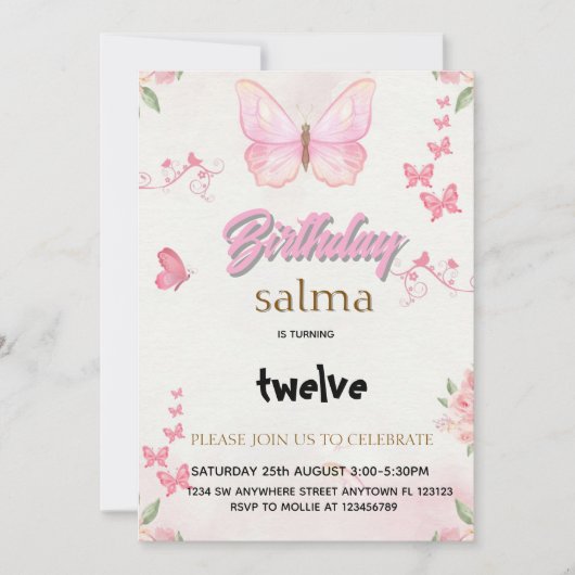 Pink Butterfly Girl Verjaardag Uitnodiging - Bewer (Voorkant)
