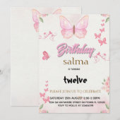 Pink Butterfly Girl Verjaardag Uitnodiging - Bewer (Voorkant / Achterkant)