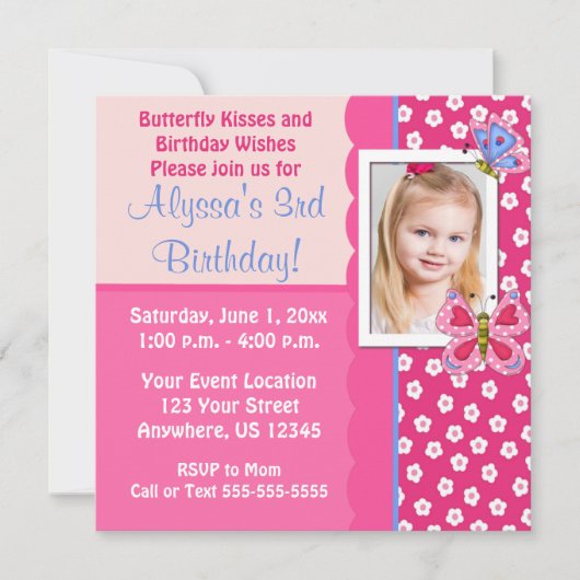 Pink Butterfly Girls Birthday Uitnodiging (Voorkant)