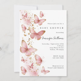 Pink Butterfly Minimalist Baby Shower Invitation Kaart