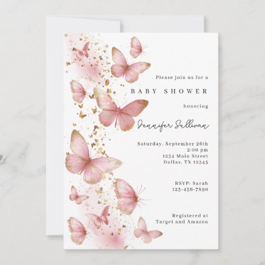 Pink Butterfly Minimalist Baby Shower Invitation Kaart (Voorkant)