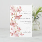 Pink Butterfly Minimalist Baby Shower Invitation Kaart (Staand voorkant)