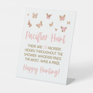 Pink Butterfly Pacifier Hunt Baby shower Game Reclamebord Met Voetstuk
