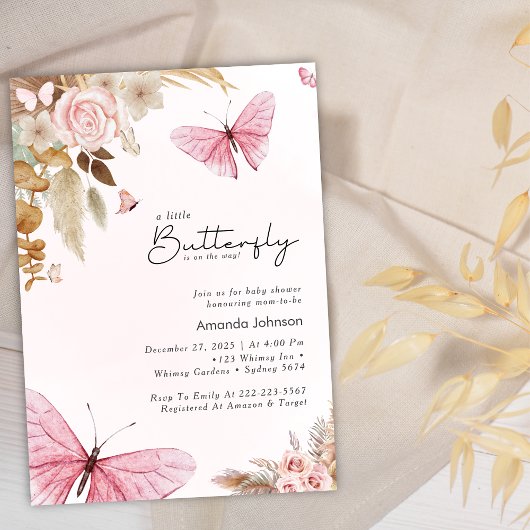 Pink Butterfly Pampas Grass Bohemian Baby Shower  Kaart