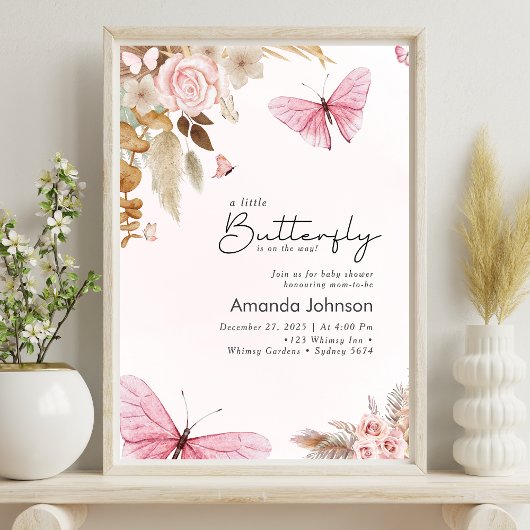 Pink Butterfly Pampas Grass Bohemian Baby Shower  Poster