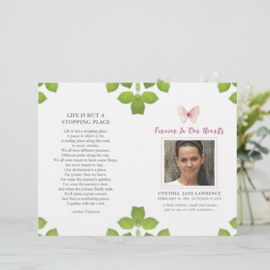 Pink Butterfly Photo Funeral Memorial Programme (Staand voorkant)