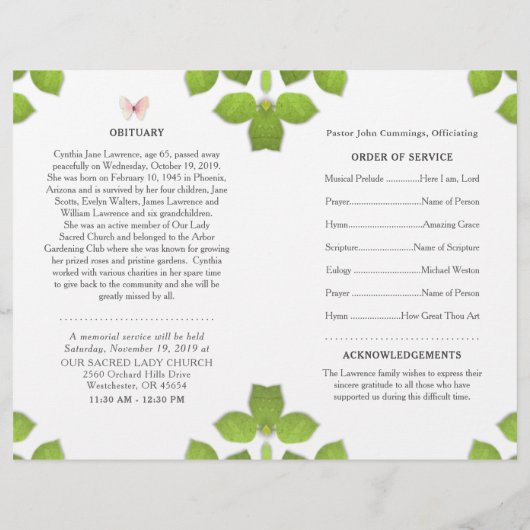 Pink Butterfly Photo Funeral Memorial Programme (Achterkant)