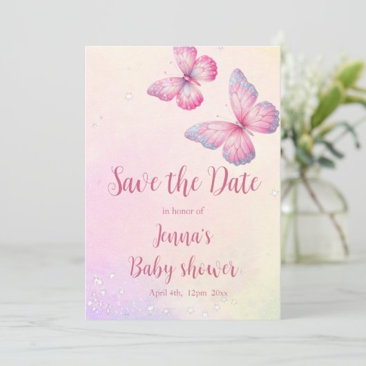Pink Butterfly QR Code Baby shower Save The Date (Staand voorkant)