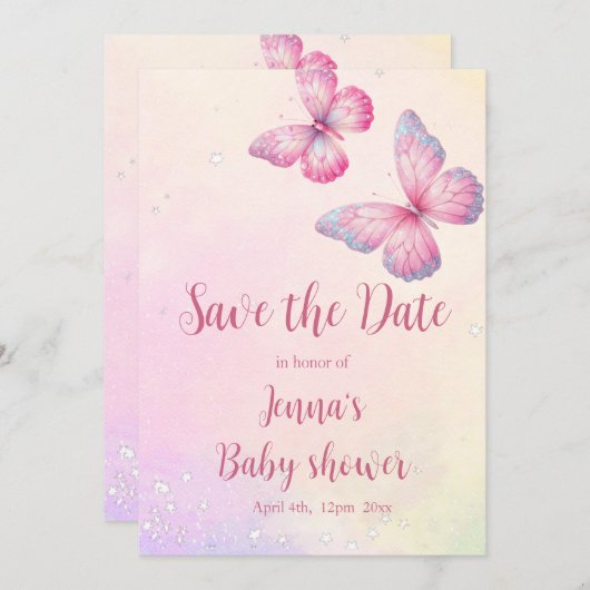 Pink Butterfly QR Code Baby shower Save The Date (Voorkant / Achterkant)