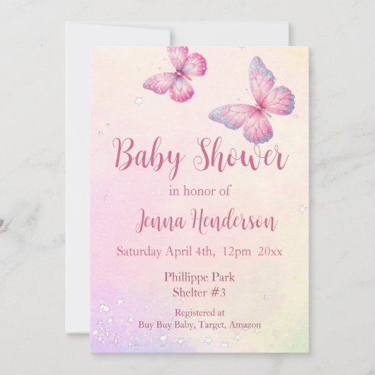 Pink Butterfly QR Code Baby shower Uitnodiging (Voorkant)