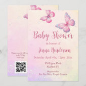 Pink Butterfly QR Code Baby shower Uitnodiging (Voorkant / Achterkant)