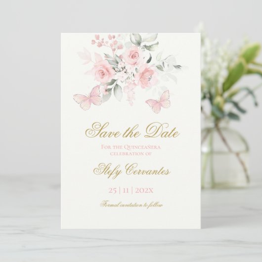 Pink Butterfly Quinceañera Bewaar de datum Save The Date (Staand voorkant)