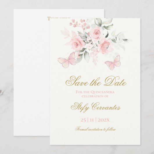 Pink Butterfly Quinceañera Bewaar de datum Save The Date (Voorkant / Achterkant)